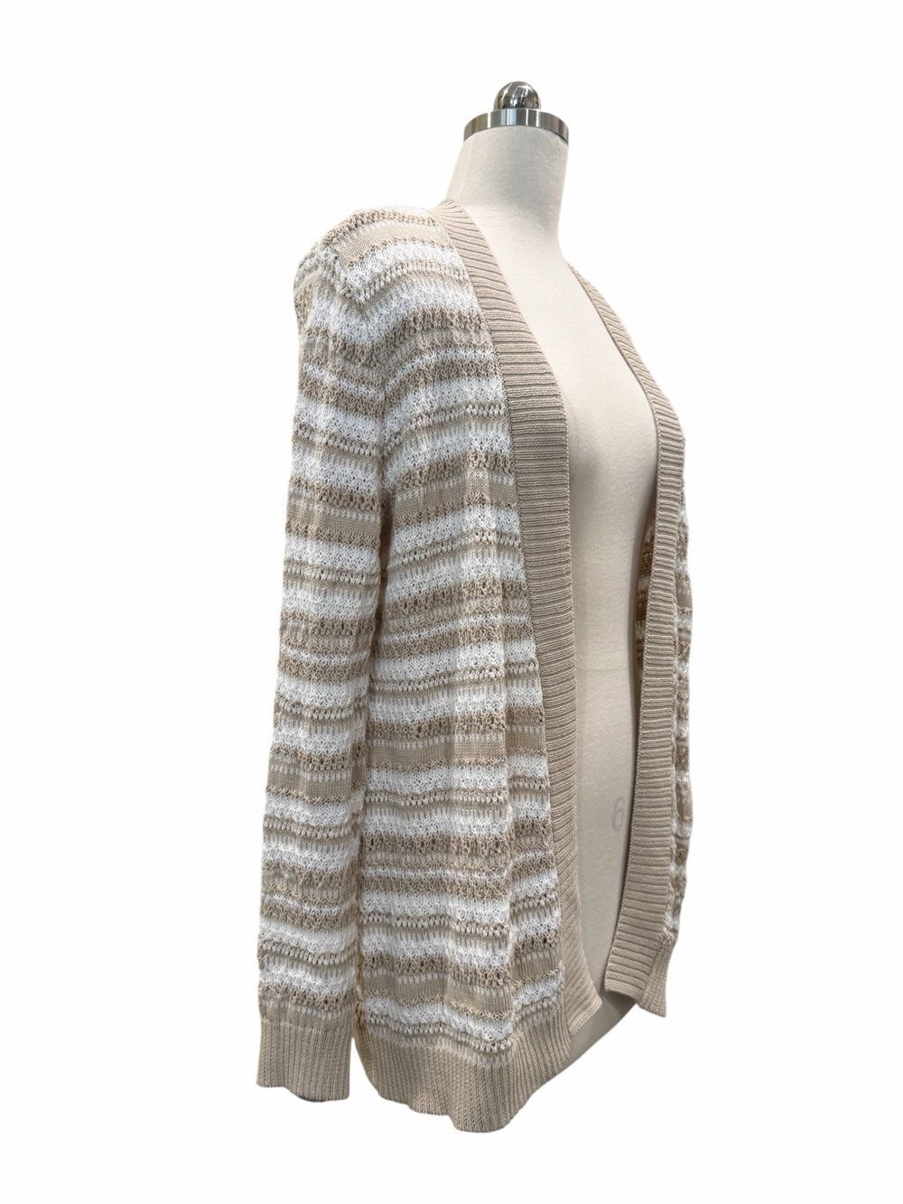 Jones New York Textured Stripe Open Front Cardigan Natural Stone Tan White S NEW - Picture 9 of 15
